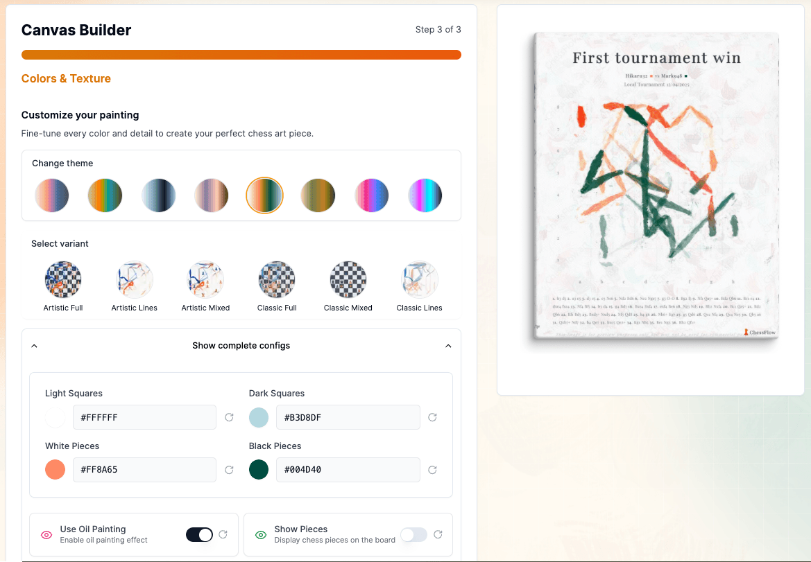 Chess game customization preview showing real-time art generation